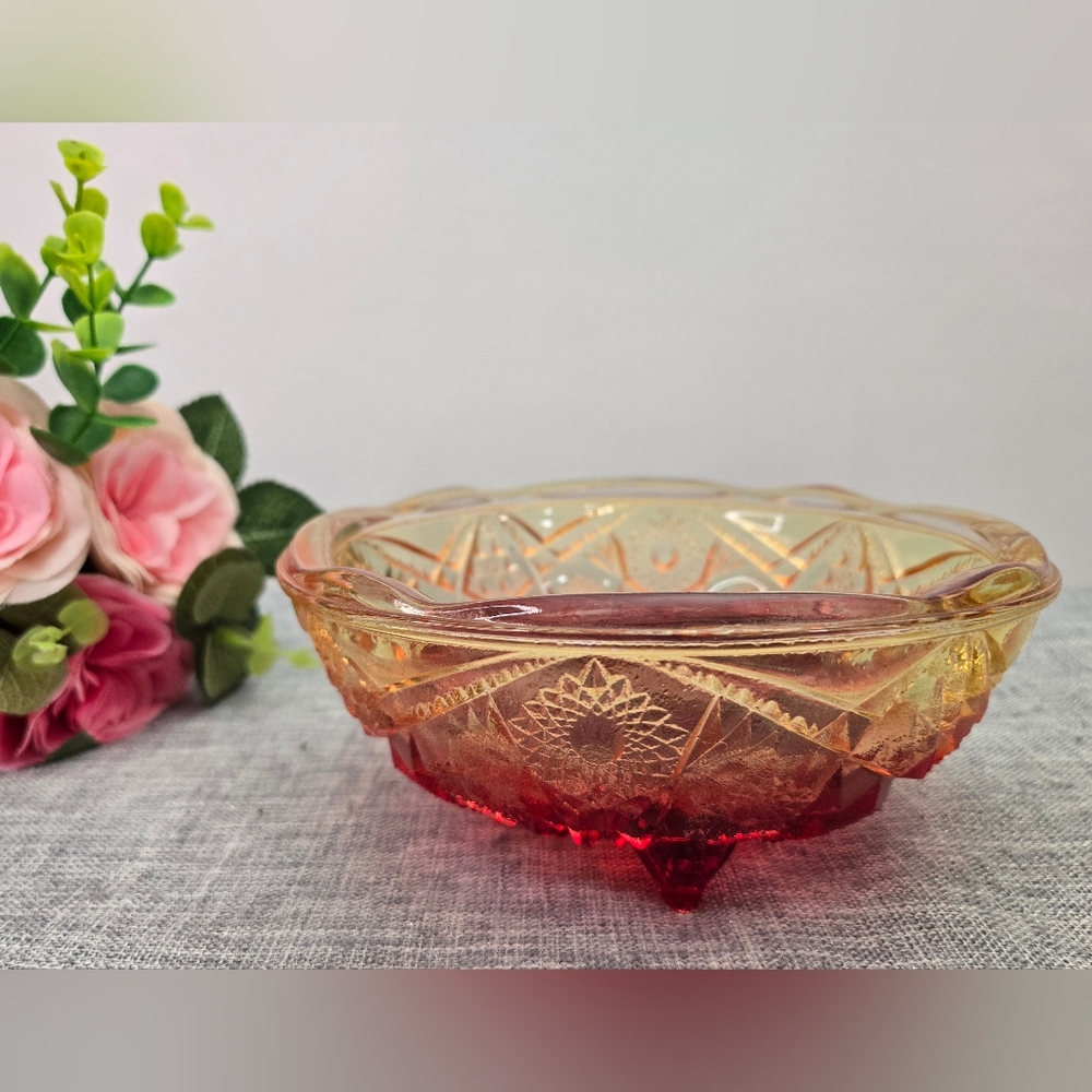 Vintage Jeanette Carnival Glass Footed Candy Bowl Red Yellow Ombre Color Design